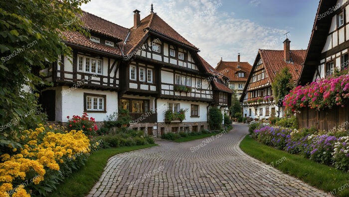 Quaint Half-Timbered Houses in a German Village Setting