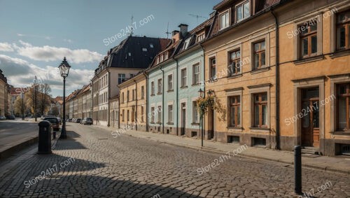 Quiet Eastern German Street with Pastel-Colored Houses