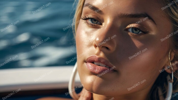 Radiant Beauty: Young Woman's Tranquil Yacht Moment at Sea