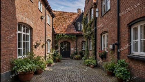 Red Brick Gothic Courtyard with Ivy-Covered Facade