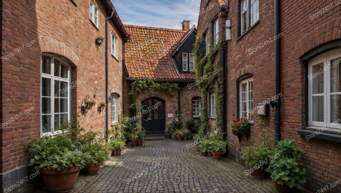 Red Brick Gothic Courtyard with Ivy-Covered Facade