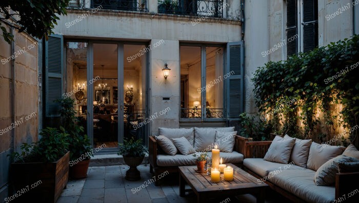 Romantic French Terrace with Candlelit Ambiance and Greenery