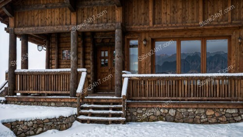 Rustic Wooden Chalet Entrance with Mountain Reflections