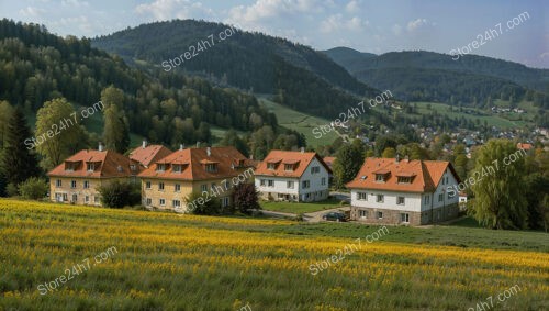 Scenic Village with Traditional Homes Amidst Rolling Hills