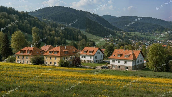 Scenic Village with Traditional Homes Amidst Rolling Hills