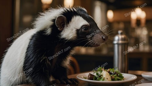 Skunk dines elegantly at a restaurant table with salad