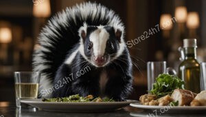 Skunk enjoys a gourmet meal in an elegant restaurant setting