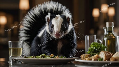 Skunk enjoys a gourmet meal in an elegant restaurant setting