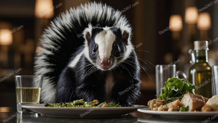 Skunk enjoys a gourmet meal in an elegant restaurant setting