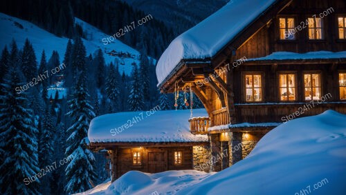 Snow-Covered Chalet Retreat with Warm Glowing Lights