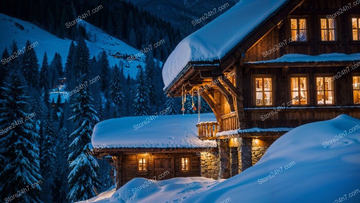 Snow-Covered Chalet Retreat with Warm Glowing Lights