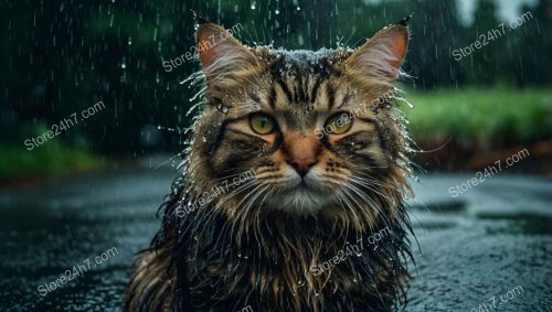 Soaked, Lonely Cat in Rain Yearns for a Warm Home