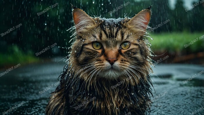 Soaked, Lonely Cat in Rain Yearns for a Warm Home