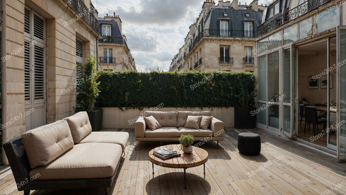 Spacious French Terrace with Elegant Seating and Greenery