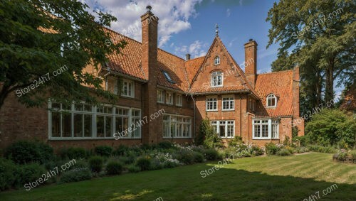 Stately Gothic Mansion with Lush Gardens and Red Roofs