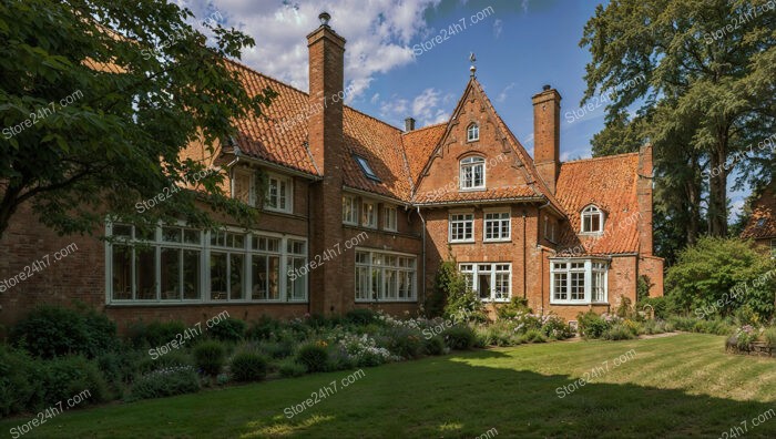 Stately Gothic Mansion with Lush Gardens and Red Roofs