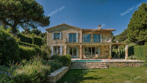 Stone Country House with Blue Shutters in Southern France