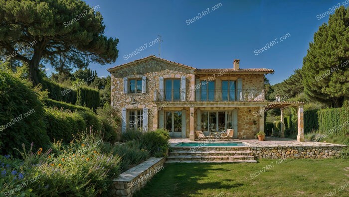 Stone Country House with Blue Shutters in Southern France