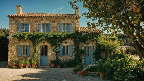 Stone House with Blue Shutters in Southern France Countryside