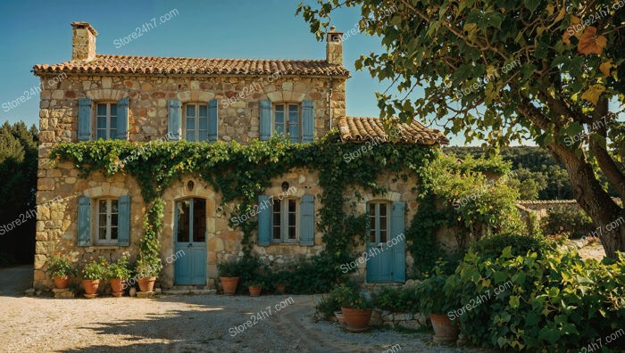 Stone House with Blue Shutters in Southern France Countryside