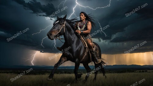 Stormy Night Ride: Brave Native Warrior and Majestic Horse