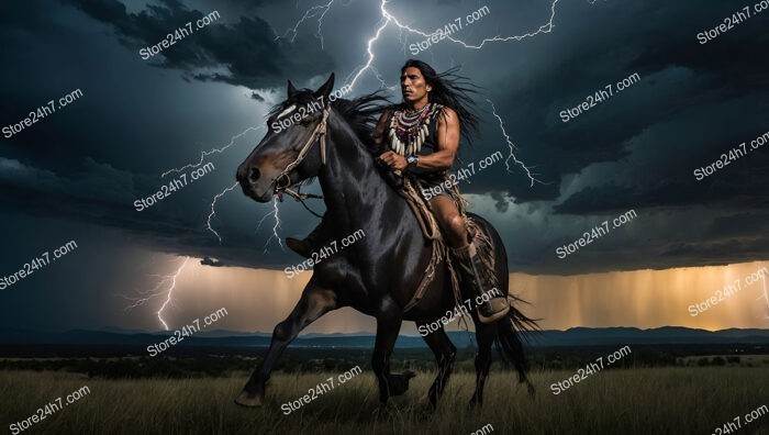 Stormy Night Ride: Brave Native Warrior and Majestic Horse