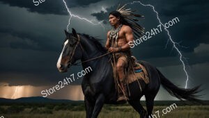 Stormy Night Ride: Fierce Native Warrior and Majestic Horse