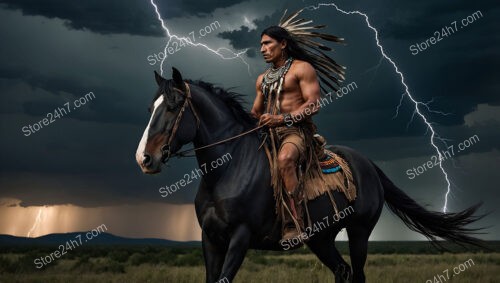 Stormy Night Ride: Fierce Native Warrior and Majestic Horse