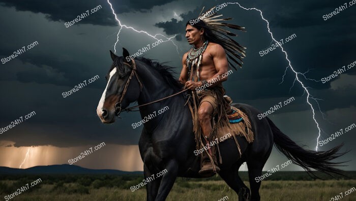 Stormy Night Ride: Fierce Native Warrior and Majestic Horse