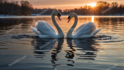 Swan Lovers Gracefully Forming Heart Shape at Sunset Lake