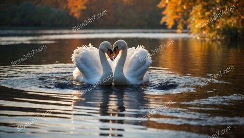 Swans in Love Gracefully Form Heart Shape Amidst Autumn Lake