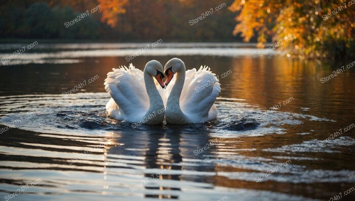 Swans in Love Gracefully Form Heart Shape Amidst Autumn Lake