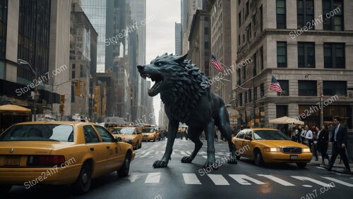 Symbolic Wolf of Wall Street Roars Amidst Urban Hustle