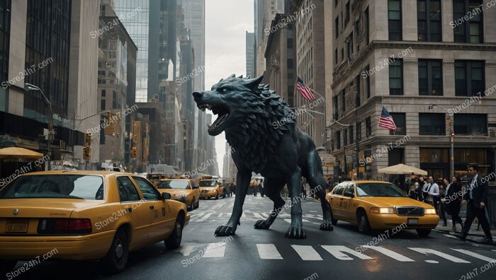 Symbolic Wolf of Wall Street Roars Amidst Urban Hustle