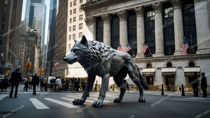 Symbolic Wolf of Wall Street Stands Proud Before Stock Exchange