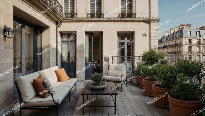 Terrace in Elegant French Apartment with Classic Architecture