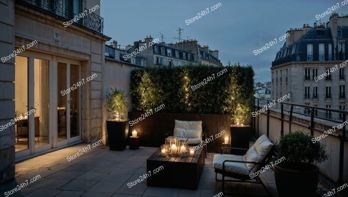 Terrace in French Apartment with Enchanting Nighttime Ambiance