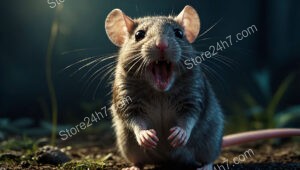 Terrified mouse screams loudly in a dark, mysterious forest