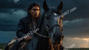 Thunderous Journey: Native Warrior and Horse Under Stormy Sky