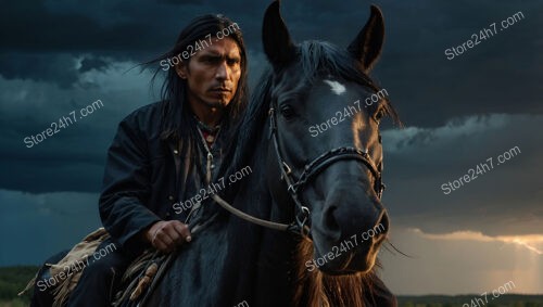 Thunderous Journey: Native Warrior and Horse Under Stormy Sky