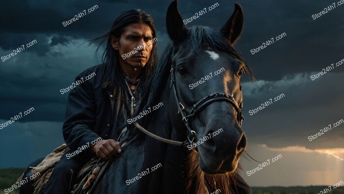 Thunderous Journey: Native Warrior and Horse Under Stormy Sky