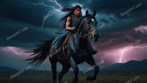 Native Warrior Riding Through Fierce Lightning-Streaked Stormy Night