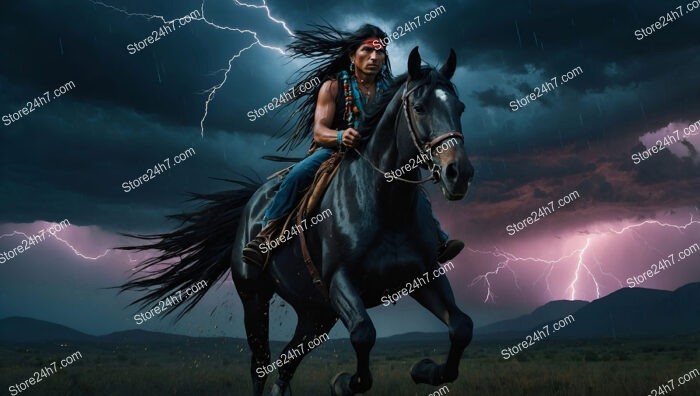 Native Warrior Riding Through Fierce Lightning-Streaked Stormy Night