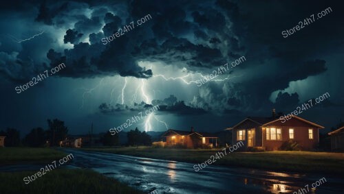 Thunderstorm Over Suburban Houses with Bright Lightning