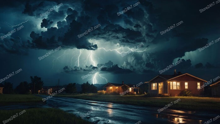 Thunderstorm Over Suburban Houses with Bright Lightning