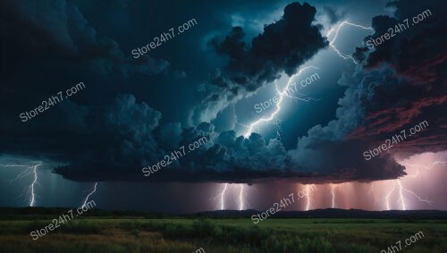 Thunderstorm with Vivid Lightning Illuminates the Open Fields