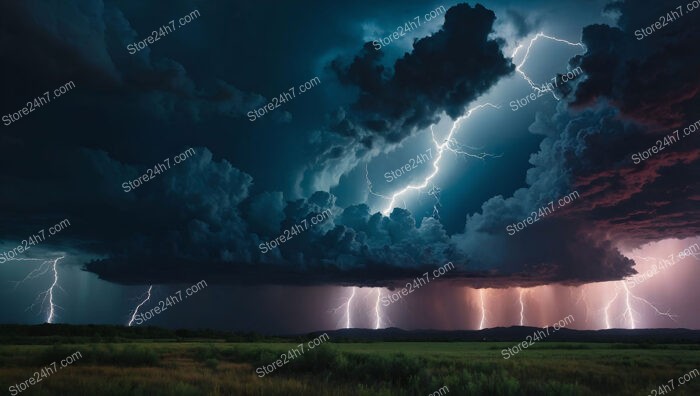 Thunderstorm with Vivid Lightning Illuminates the Open Fields