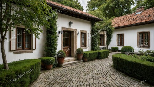 Traditional Courtyard House with Greenery and Stone Pathway