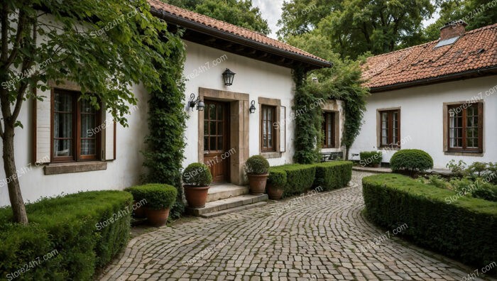 Traditional Courtyard House with Greenery and Stone Pathway