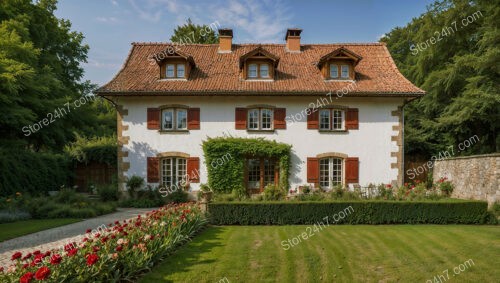 Traditional German House with Red Shutters and Flower Garden